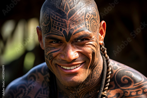 Polynesian man’s face, tattoos accentuating his features, his eyes twinkling with laughter, showcasing a genuine, bright smile.