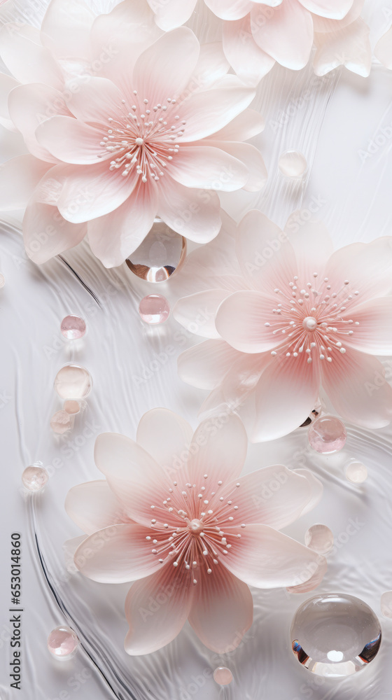 Beautiful spring flowers submerged in clear liquid or glass shimmering as if made of porcelain. Pastel soothing tones. Generative AI. Beautiful spring flowers submerged in clear liquid or glass shimmering as if made of porcelain. Pastel soothing tones. Generative AI.
