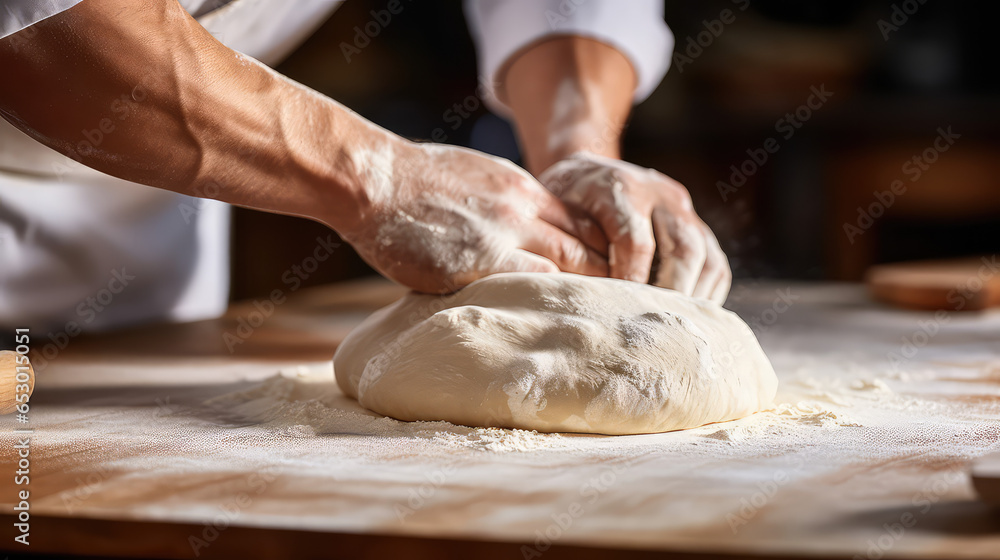 Close-up of male baker hands in flour, kneading muffin dough for pie on table. Home bakery, cooking with dough. 