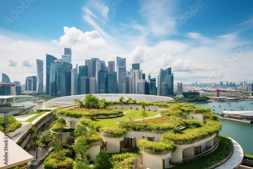 A captivating high-angle view of a city, effortlessly blending modern architecture with sustainable practices. Buildings, bedecked with solar panels and verdant green roofs © Kristian