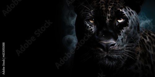 Front view of Panther on black background. Wild animals banner with copy space. Predator series   Generative AI © Kay