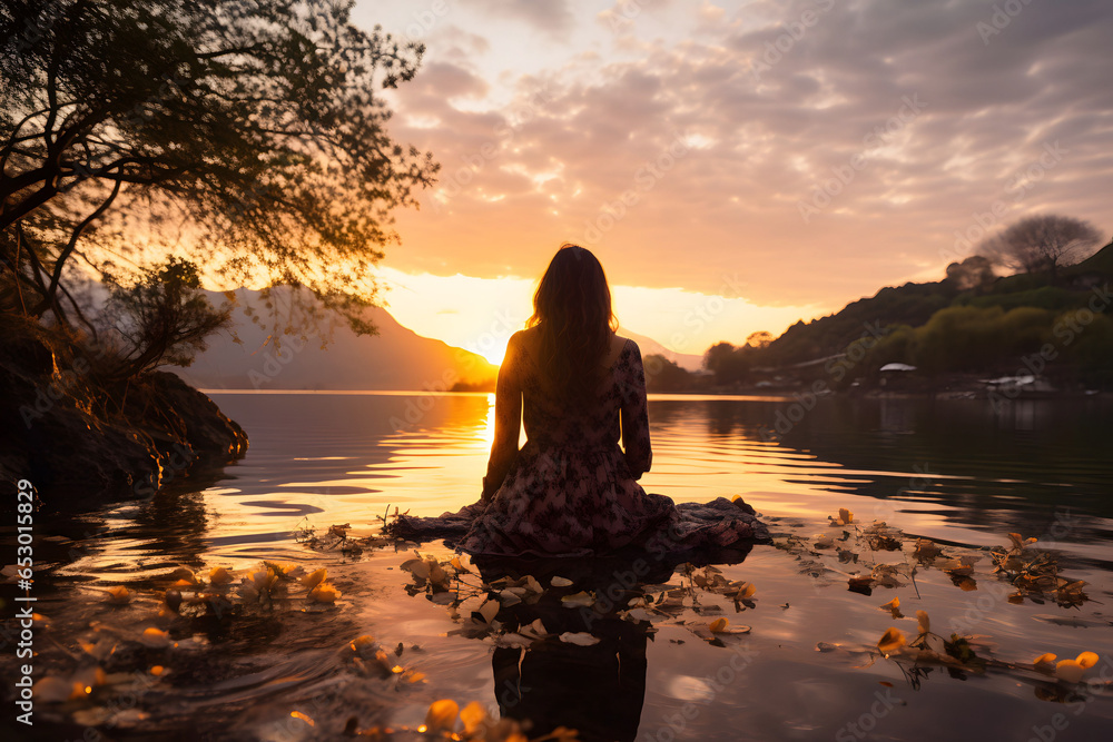 Young beautiful woman girl are doing sport fitness yoga position on a stone at a beautiful lake