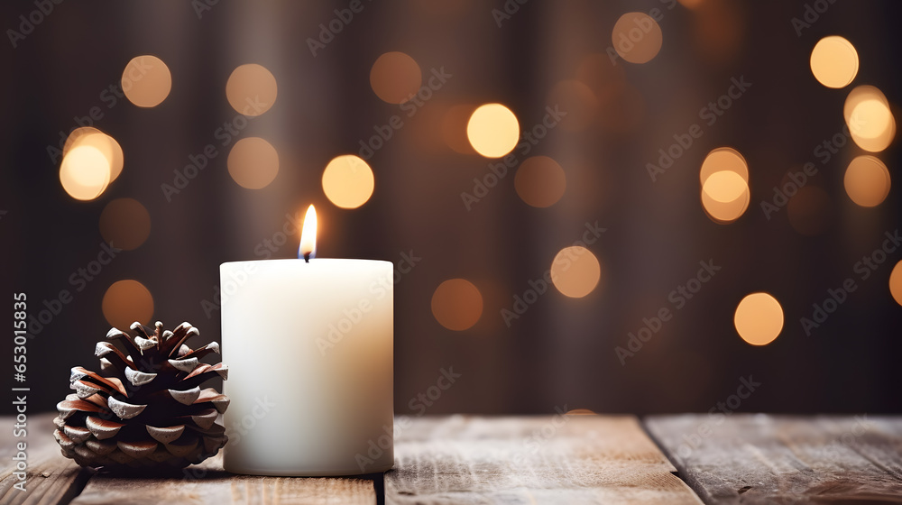 Christmas decoration with white burning candles on wooden table against bokeh light background Christmas decoration with white burning candles on wooden table against bokeh light background