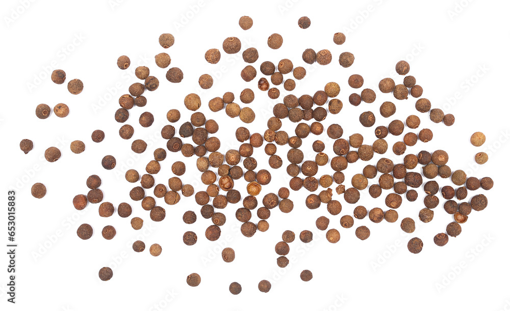 Allspice, pimento spice, Jamaican pepper pile isolated on white, top view Allspice, pimento spice, Jamaican pepper pile isolated on white, top view