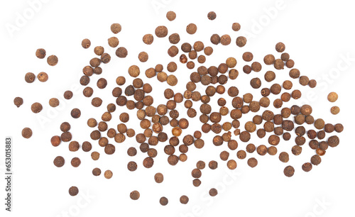  Allspice, pimento spice, Jamaican pepper pile isolated on white, top view