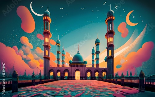 Mosque illustration for Ramadhan kareem greeting, 
Ramadan Islamic holy month design from Paper art. photo