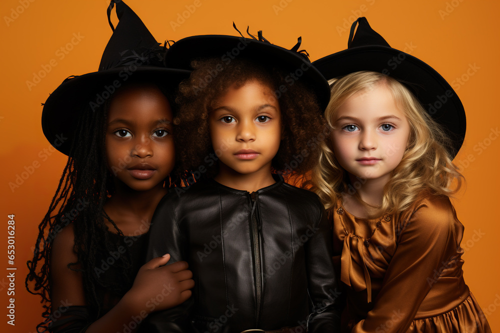 Beautiful little girls dressed as witches for Halloween, posing on an orange background. Beautiful little girls dressed as witches for Halloween, posing on an orange background.