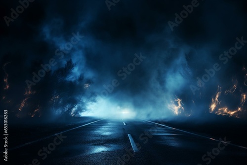 Dark backdrop, wet road with blue neon sky, engulfed in smoke and haze. Desolate night scene. Generative AI