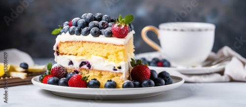 Selective focus photograph of a lemon blueberry cake with lemon icing and fresh berries on a gray concrete background accompanied by a cup of tea