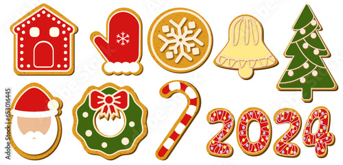 christmas gingerbread cookies Merry Christmas bell tree human heart tasty baked stickers set 2024 new year icons 
