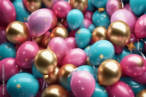Colorful balloons and gold stars, festive celebration background