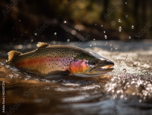 trout jumps out of the stream water
