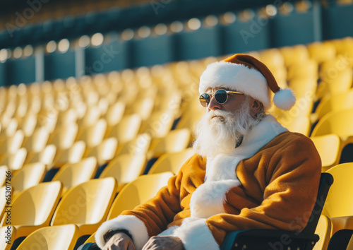 Santa Claus sits completely alone on the empty bleachers of a sports stadium composed of a multitude of yellow chairs. Generative AI.