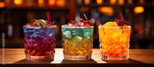 Three autumn themed drinks on bar in cozy interior