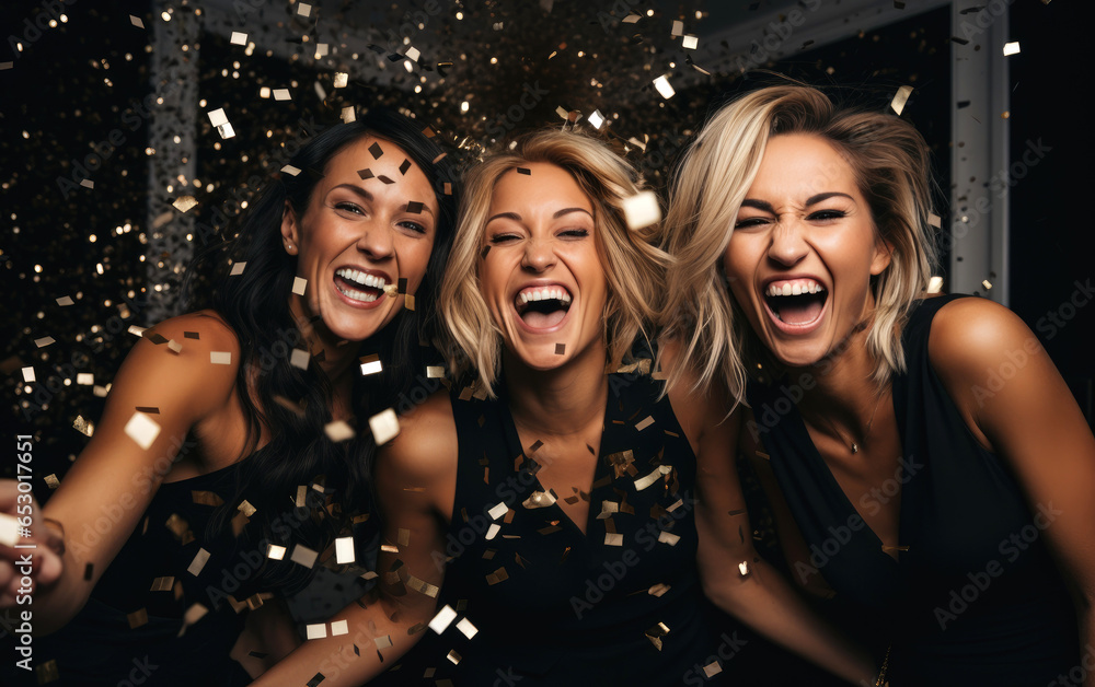 Three women celebrating christmas with sparkling confetti, looking sophisticated and trendy. Generative AI