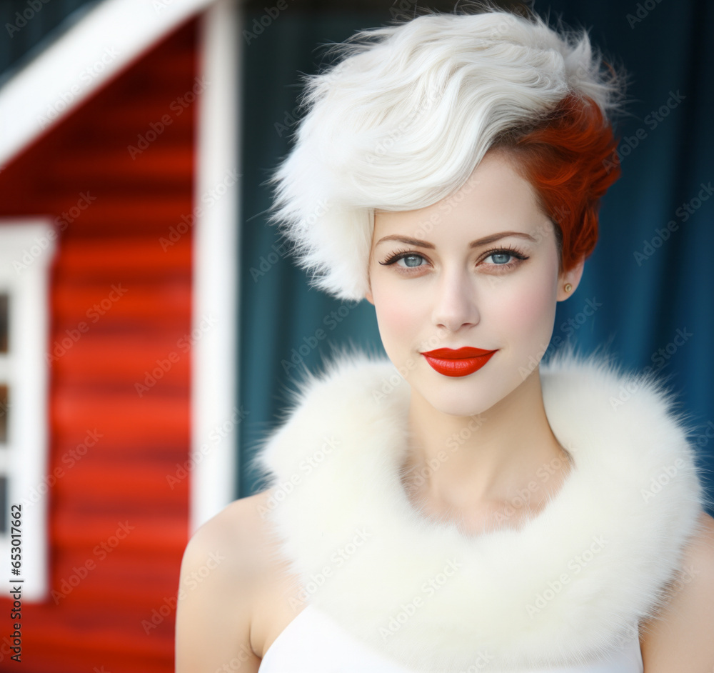Beautiful girl dressed in elegant white soft fur with a trendy short hairstyle and perfect complexion. Retro vintage fashion vibe. Generative AI. Beautiful girl dressed in elegant white soft fur with a trendy short hairstyle and perfect complexion. Retro vintage fashion vibe. Generative AI.