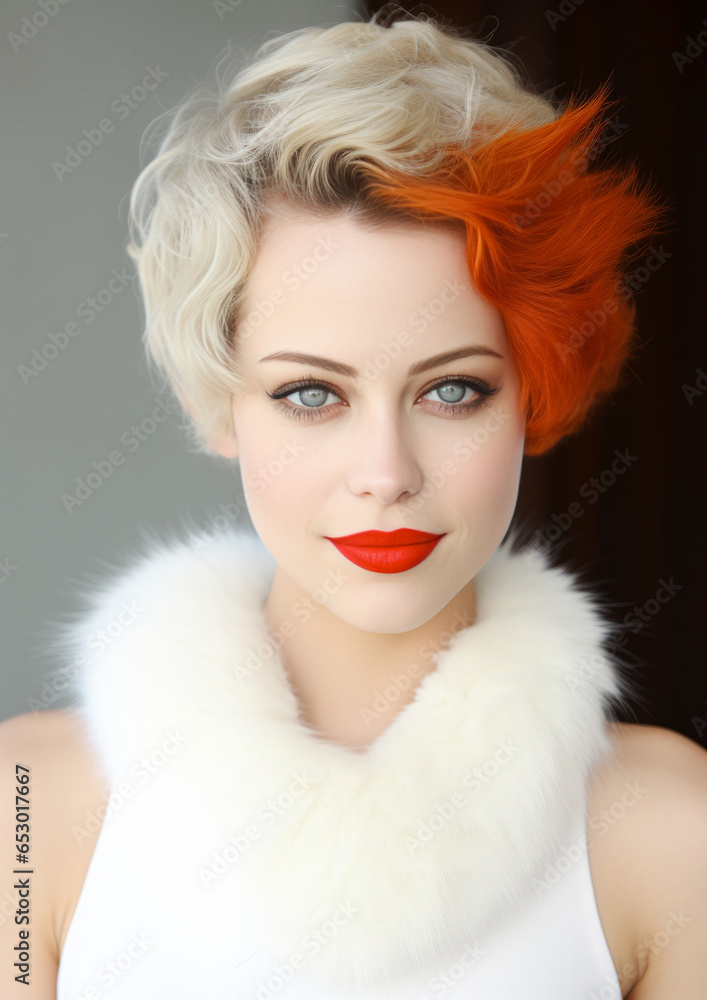 Beautiful girl dressed in elegant white soft fur with a trendy short hairstyle and perfect complexion. Retro vintage fashion vibe. Generative AI.
