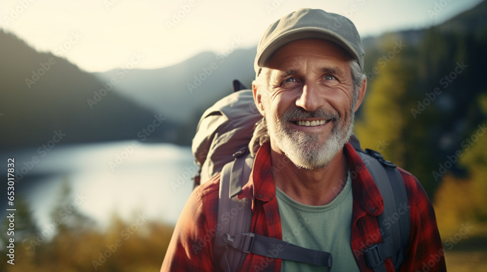 portrait of a middle aged man with backpack hiking in mountains portrait of a middle aged man with backpack hiking in mountains