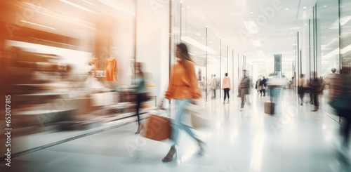 Blurred background of a modern shopping mall with some shoppers. Shoppers walking at shopping center, motion blur. Abstract motion blurred shoppers with shopping bags, ai © StockWorld