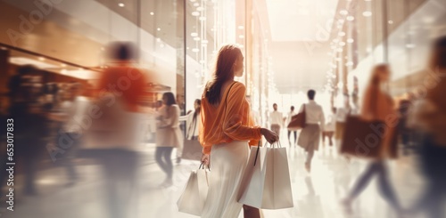 Blurred background of a modern shopping mall with some shoppers. Shoppers walking at shopping center, motion blur. Abstract motion blurred shoppers with shopping bags, ai