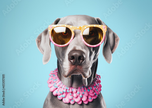 Portrait of an extravagantly dressed adorable Great dane dog posing with a multitude of jewelry. Irresistible and goofy. Generative AI. © Popovo