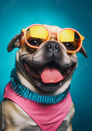 Portrait of a cute pug dog with summer accessories posing in the style of fashion icons in front of a minimal background. Irresistible and goofy. Generative AI.