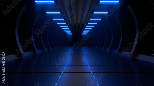 Fototapeta Naklejka Na Ścianę i Meble -  Sci Fi neon glowing lines in a dark tunnel. Reflections on the floor and ceiling. 3d rendering image. Abstract glowing lines. Technology futuristic background.