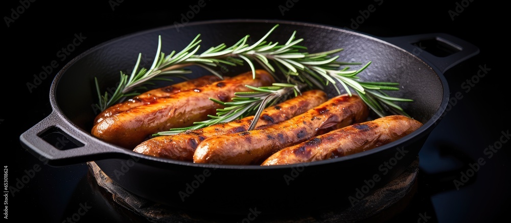 Vegetarian sausages made with rosemary and onion cooked in a cast iron skillet in the oven - obrazy, fototapety, plakaty 