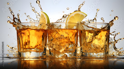 Glasses shot of tequila making toast with splash isolated on solid background 