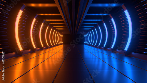 Fototapeta Naklejka Na Ścianę i Meble -  Sci Fi neon glowing lines in a dark tunnel. Reflections on the floor and ceiling. 3d rendering image. Abstract glowing lines. Technology futuristic background.