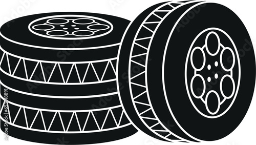 Cartoon Black and White Illustration Vector Of A Stack of 2 Car Tires with 1 Standing