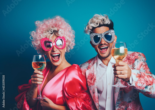 Beautiful friends dressed flamboyantly and extravagantly posing happily at a New Year's or Christmas party. Plenty of glitter, jewelry, cheerful atmosphere. Generative AI.