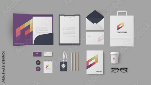 Colorful branding with geometric logo and bright background, stationery design template