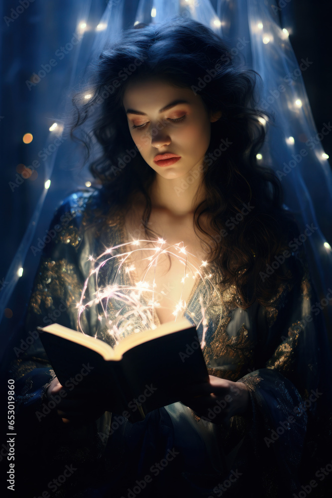 a young white woman/fairy/witch reading a magical book in glowing magical fairy light fantasy setting with dark blue background book cover/editorial advertisement magazine style film photography look a young white woman/fairy/witch reading a magical book in glowing magical fairy light fantasy setting with dark blue background book cover/editorial advertisement magazine style film photography look