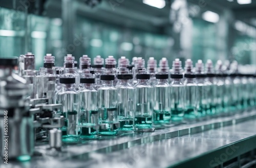 Medical ampoule production line at modern pharmaceutical factory. glass ampoules are being Filled. medication manufacturing process created with generative ai