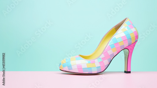 Elegant high-heeled women's shoe with a colorful checkered print on a simple pastel backdrop with copy space. Generative AI.