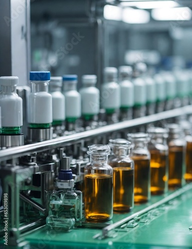 laboratory glassware in laboratory and medical vials on production line at pharmaceutical factory created with generative ai