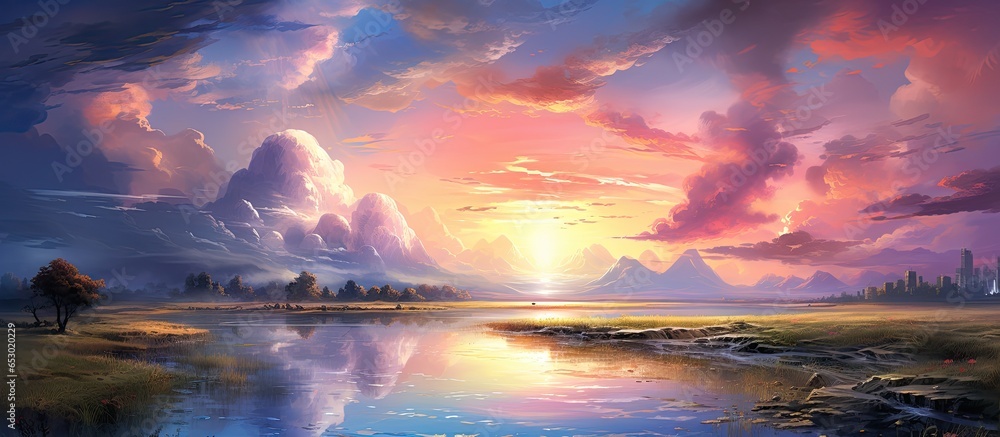 Colorful anime style oil painting of a magical sunset over mountains and a lake