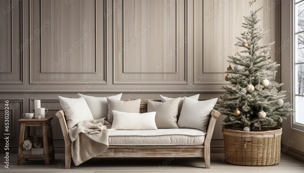 living room with christmas tree - obrazy, fototapety, plakaty 