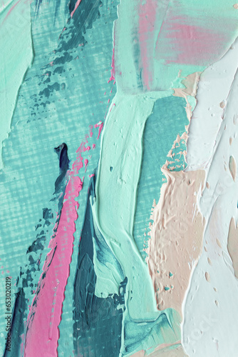 Closeup of abstract rough colorful art painting texture, with oil brushstroke, pallet knife paint on canvas, complementary colors.