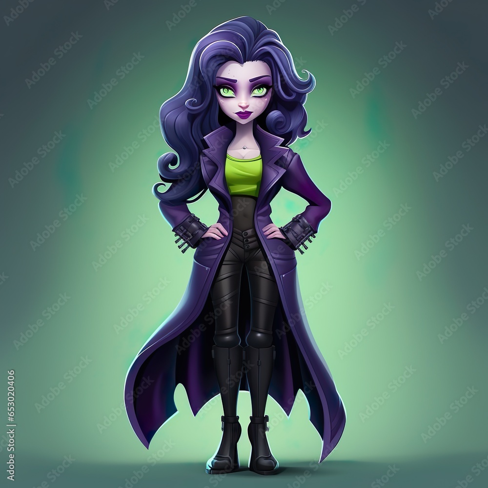 Evil cartoon girl with purple hair