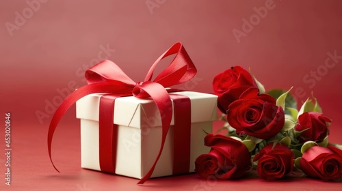 Red gift box and bouquet of red roses for Valentine Day or birthday. Copy space. Greeting card.