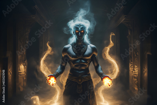 A glowing eyed male djinn portrait in flames and holding flames in hands - Generative AI photo