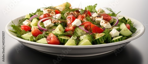 Isolated white plate with Greek salad side view close up