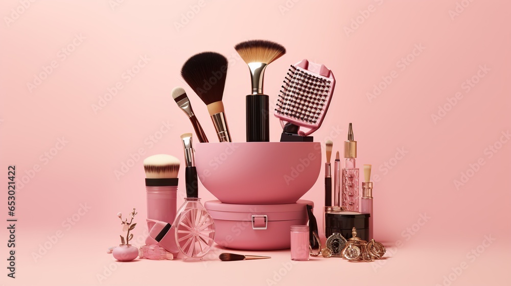 Beauty set collection make up equipment isolated pink background. AI generated - obrazy, fototapety, plakaty 