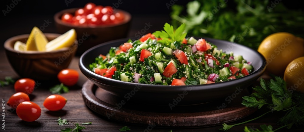Middle Eastern national food Tabbouleh Vegetable Salad close up Muslim family dinner during Ramadan iftar Arabian cuisine
