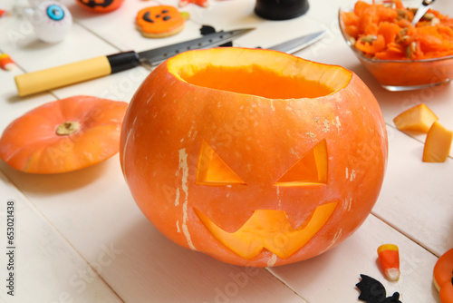 Carved Halloween pumpkin on...