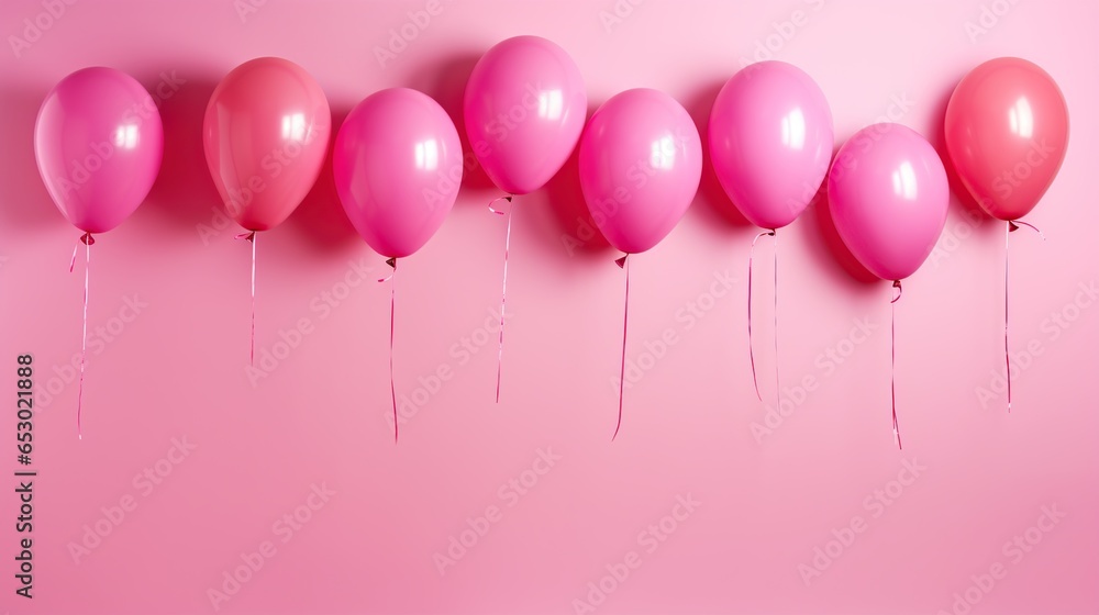Collection of pink flying balloons filled with helium isolated on pink background. AI generated
