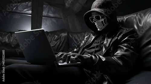 A man dressed as a scary skeleton while working from home on laptop - skull - Halloween costume - spooky - work life balance