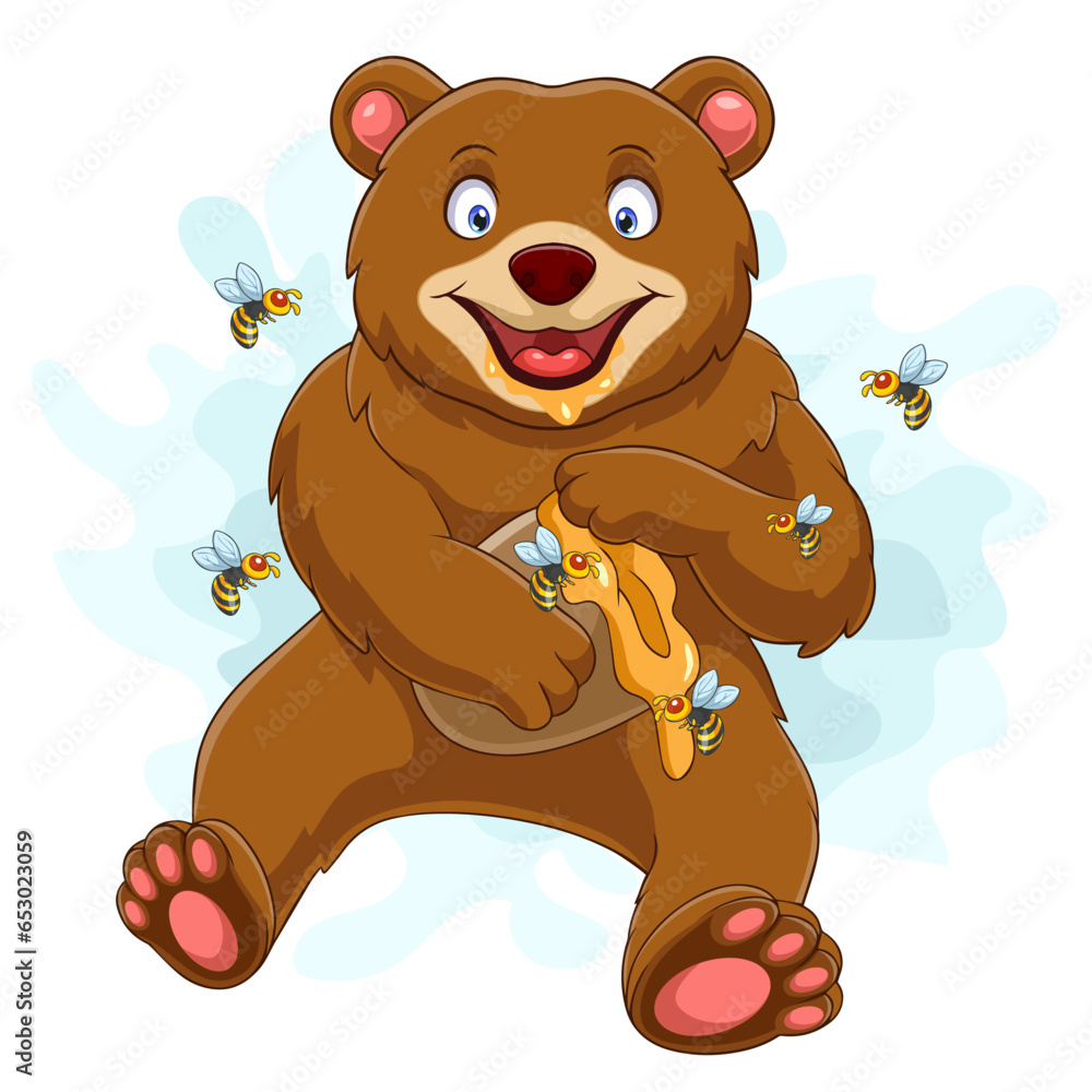 Cartoon funny baby bear holding honey pot isolated on white background ...
